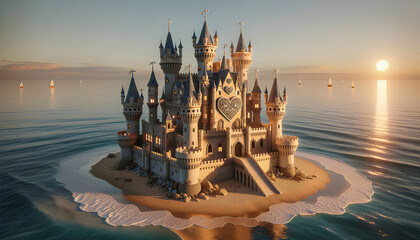 Mystical castle perched on a remote island surrounded by a vibrant ocean under a magical sky creates a scene of enchantment and wonder.
