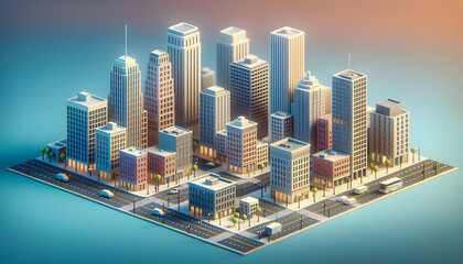 Intricate 3D city block model featuring diverse architecture, detailed streetscapes, realistic textures, and vibrant landscaping to enhance urban planning and visualization