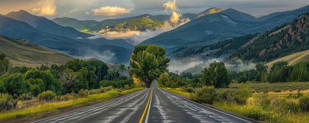 A scenic road leading through lush green forests and majestic mountains under a vibrant sky, with mist rising in the distance.