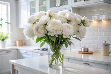 Beautiful, white bouquet of peonies on a golden tray on the table. In the background is the interior of a modern white kitchen in a Scandinavian style. The concept of home comfort.