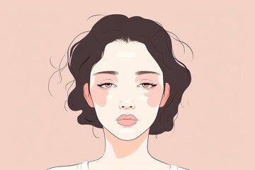 Minimalist illustration of a woman with short hair and neutral expression against a soft pink background.