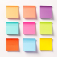 Nine colorful sticky notes arranged in a grid on a white background, showcasing vibrant organization and planning tools