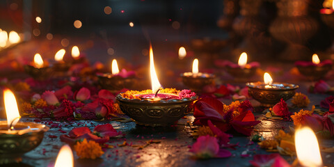 Diwali Lamps with Glowing Flames 8K HD Festive Wallpaper Traditional Diwali Oil Lamps