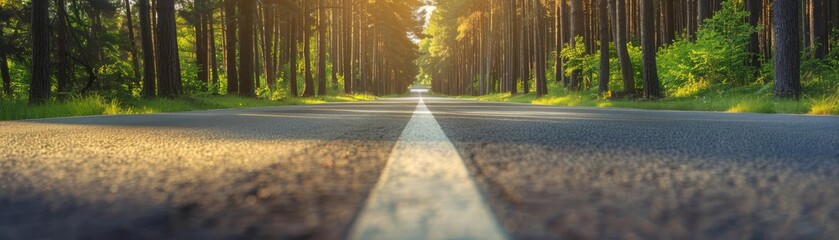 Fototapeta premium A scenic road through a lush forest with sunlight filtering through the trees, creating a peaceful and serene natural setting.