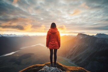 Obraz premium Person in red jacket standing on mountain peak, watching sunrise or sunset over a valley and mountain range, symbolizing adventure.