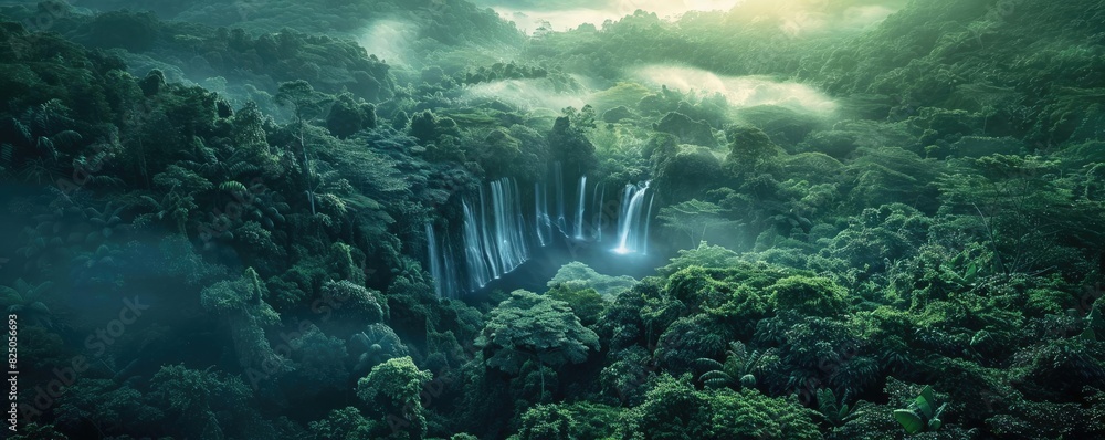 Poster aerial view of a lush green forest with a beautiful waterfall surrounded by mist, creating a serene 