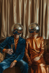 couple with disco ball heads sitting on the couch, blue and orange tones, festive , curtain background, retro party vibes, surreal 70s theme, funky holiday card with copy space and motion blur