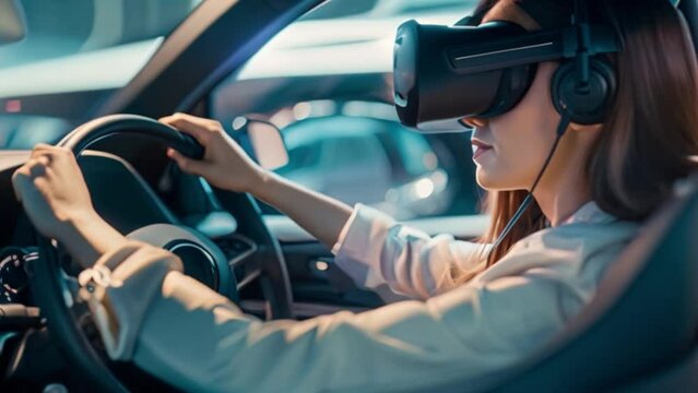 A woman is sitting inside a car, wearing a VR headset and headphones, simulating a driving experience in an indoor environment during daytime.