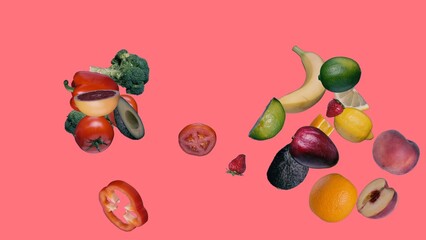 Splash of fresh fruits and vegetables on isolated bright pink background.