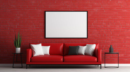 A modern living room with bold red walls, a sleek black leather sofa, and a blank white frame mockup mounted on a white brick wall.