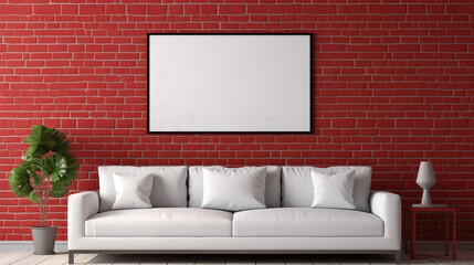 A modern living room with bold red walls, a sleek black leather sofa, and a blank white frame mockup mounted on a white brick wall.