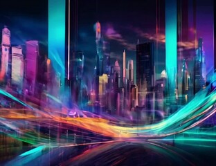 Nighttime Urban Rush in China: A bustling cityscape with blurred lights, speeding cars, and towering skyscrapers, capturing the essence of vibrant city life