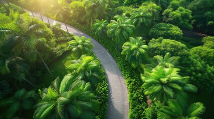 Aerial view of a winding road through a lush tropical forest with vibrant green trees and sunlight filtering through. Ideal nature background scenery.