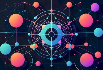 Abstract digital art featuring a colorful array of interconnected circles and lines on a dark background, resembling a futuristic network or molecular structure, Generative AI.