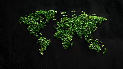 small leaves lined up form a world map on a black background