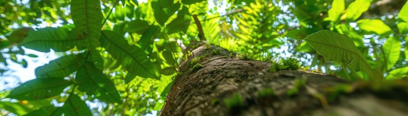 Low-angle view of a tree trunk and lush green foliage, providing a vibrant and fresh representation of nature and the environment.