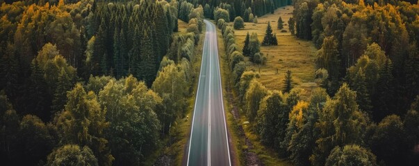 Aerial view of a long straight road through a dense, lush forest with vibrant green trees and clear sky; serene and picturesque landscape. - Powered by Adobe