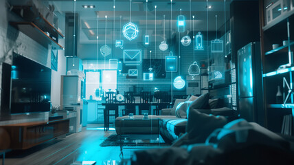 A sophisticated and modern living space equipped with advanced smart home technology, featuring interactive holographic displays and seamless integration of digital interfaces 