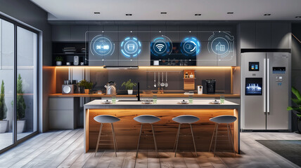 A sophisticated and modern living space equipped with advanced smart home technology, featuring interactive holographic displays and seamless integration of digital interfaces 