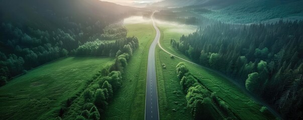Aerial view of a scenic road winding through lush green fields and forests with morning fog and sunlight in the distance.