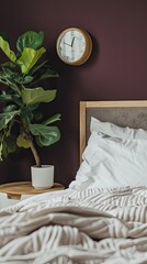 A white alarm clock on the bedside table near the bed, a plant in a pot, a purple wall background, a bedroom interior design, evening light, natural lighting