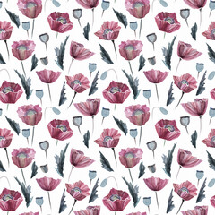 Romantic watercolor seamless pattern, scarlet poppies on a light background. Paint texture, paper texture, watercolor drawing.