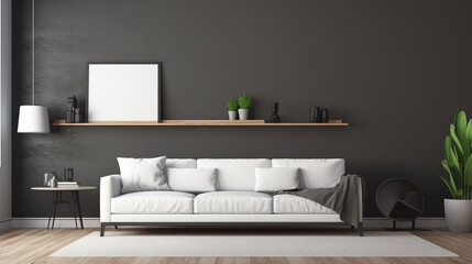 A modern living room with charcoal gray walls, a minimalist white sofa, and a blank white frame mockup placed on a floating shelf.