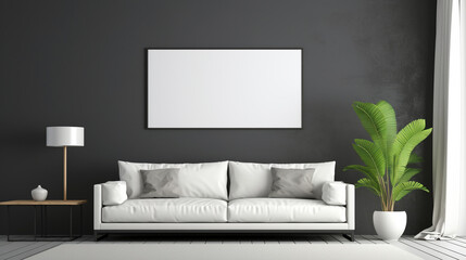 A modern living room with charcoal gray walls, a minimalist white sofa, and a blank white frame mockup placed on a floating shelf.