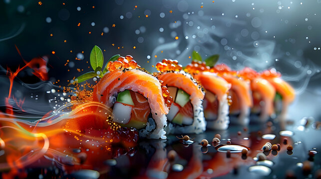 Glossy Japanese Food Exquisite Concept: Abstract Digital Art of Culinary Luxury Symbolized in Photo Realistic Image showcasing Peak of Japanese Cuisine   Adobe Stock Concept