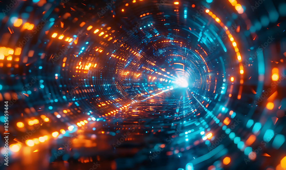 Fototapete Abstract and futuristic image representing global data exchange, featuring a tunnel-like effect with vibrant blue and orange lights, emphasizing high-speed data transfer and advanced technology