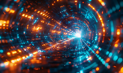 Abstract and futuristic image representing global data exchange, featuring a tunnel-like effect with vibrant blue and orange lights, emphasizing high-speed data transfer and advanced technology