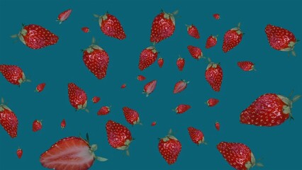 Ripe red strawberry halves on a blue background. A pattern of ripe juicy berries perfect for food and kitchen themes.