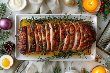 A large roast with herbs and spices is served on a white plate