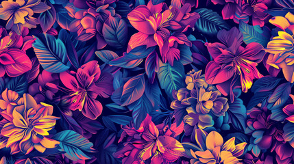 Vibrant and colorful floral pattern with a tropical theme. The colors are bright and saturated, and the flowers are highly detailed.