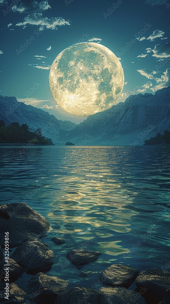 Wall mural a beautiful landscape with a full moon rising over the mountains and reflecting on the lake