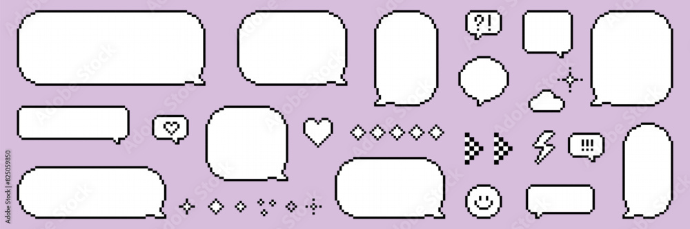Poster set of empty pixel speech bubbles. pxelated dialogue box. ballon. 8-bit retro style vector illustrat