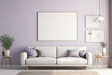 A modern living space in soft lavender tones, featuring a minimalist sofa and a blank white frame mockup hanging on the wall.