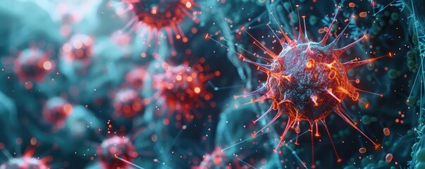 Fototapeta premium HIV illustrated as a glitch within immune cells, SciFi Style, Dark Background, Glowing Lines, Highlighting viral errors