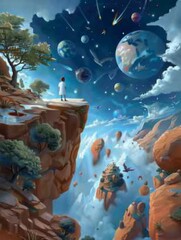 A boy standing on a cliff looking at a starry sky with planets and a meteor shower.