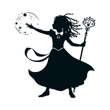 recommend clip art: The black silhouette of a magician's girl, she stands with her arm outstretched forming magic and a beautiful staff in the other, her hair is dreadlocks fluttering in the wind. Black 2D