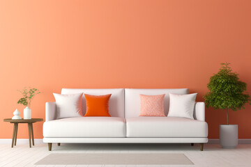 A modern living space with a vibrant coral accent wall, simple furniture, and an empty white frame mockup as a focal point.