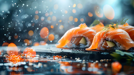 Luxurious and Elegant Photo Realistic Digital Art of High End Japanese Cuisine, Showcasing Glossy...