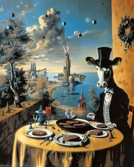 A cow wearing a top hat and monocle is eating a steak while sitting at a table in a surreal landscape.