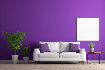 A modern living space with a vibrant purple accent wall, simple furniture, and an empty white frame mockup as a focal point.