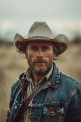 A cowboy with a weathered face and a determined expression wearing a hat and denim jacket