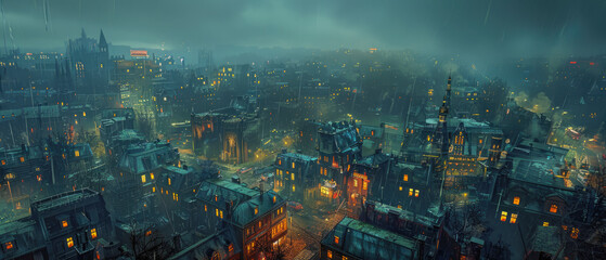 Unreal Engine 3D Unusual Aerial View of a City, Neon_Lit_Cityscape, Dawn_Time, Stormy_Weather, Panoramic_Perspective, Dark_Colors, Residential_Activity, Enhanced_Detail_Visual_Effects, Isolated_Mood,