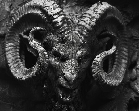 A detailed black and white image of Baphomet