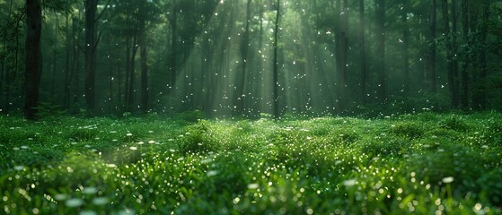 Beautiful panorama of green summer forest with sunbeams and flowers