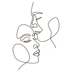 Couple in love one line drawing. Couple man and woman art. 2 faces. Minimal face vector illustration. Kiss print, Valentines Day, love poster.