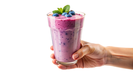 A refreshing blueberry fruit smoothie drink in a glass isolated on white background